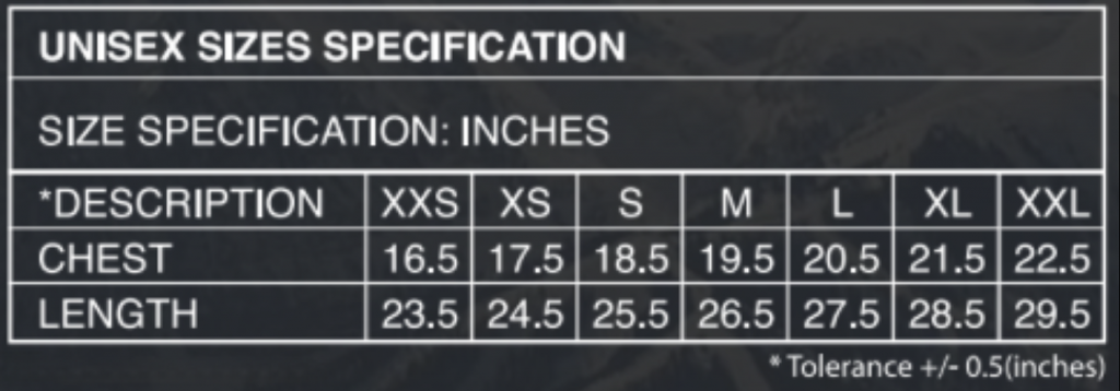 The Gym Pod Activewear Training Tee Sizing Chart