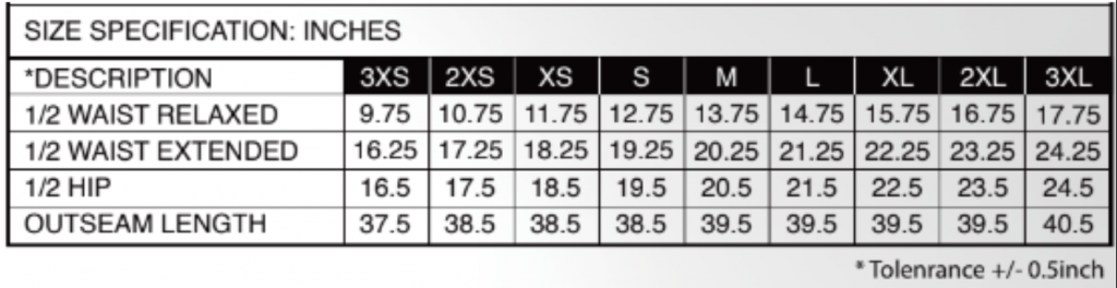 Men pants Sizing Chart